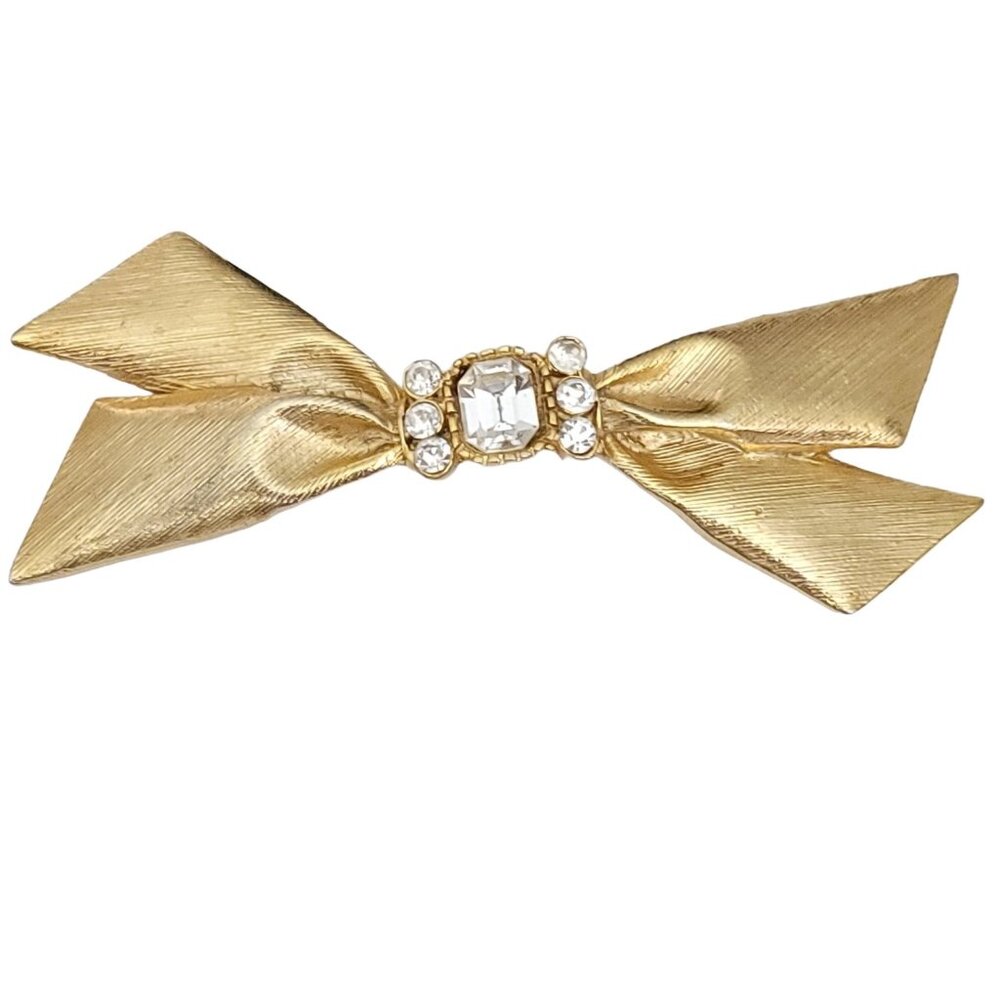 Gold Tone Clear Rhinestone Statement Bow Brooch